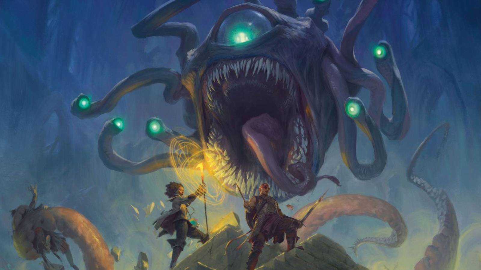 the new 2024 dungeons and dragons cover featuring vajhra safahr and minsc fighting a beholder WotC art