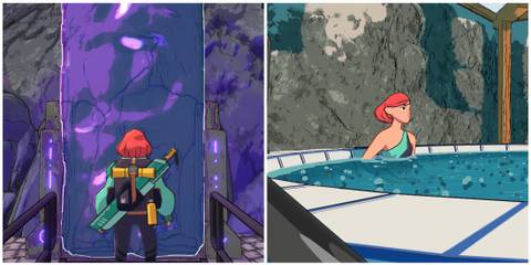 Split image of an entrance to a dungeon and the spa in Dungeons of Hinterberg