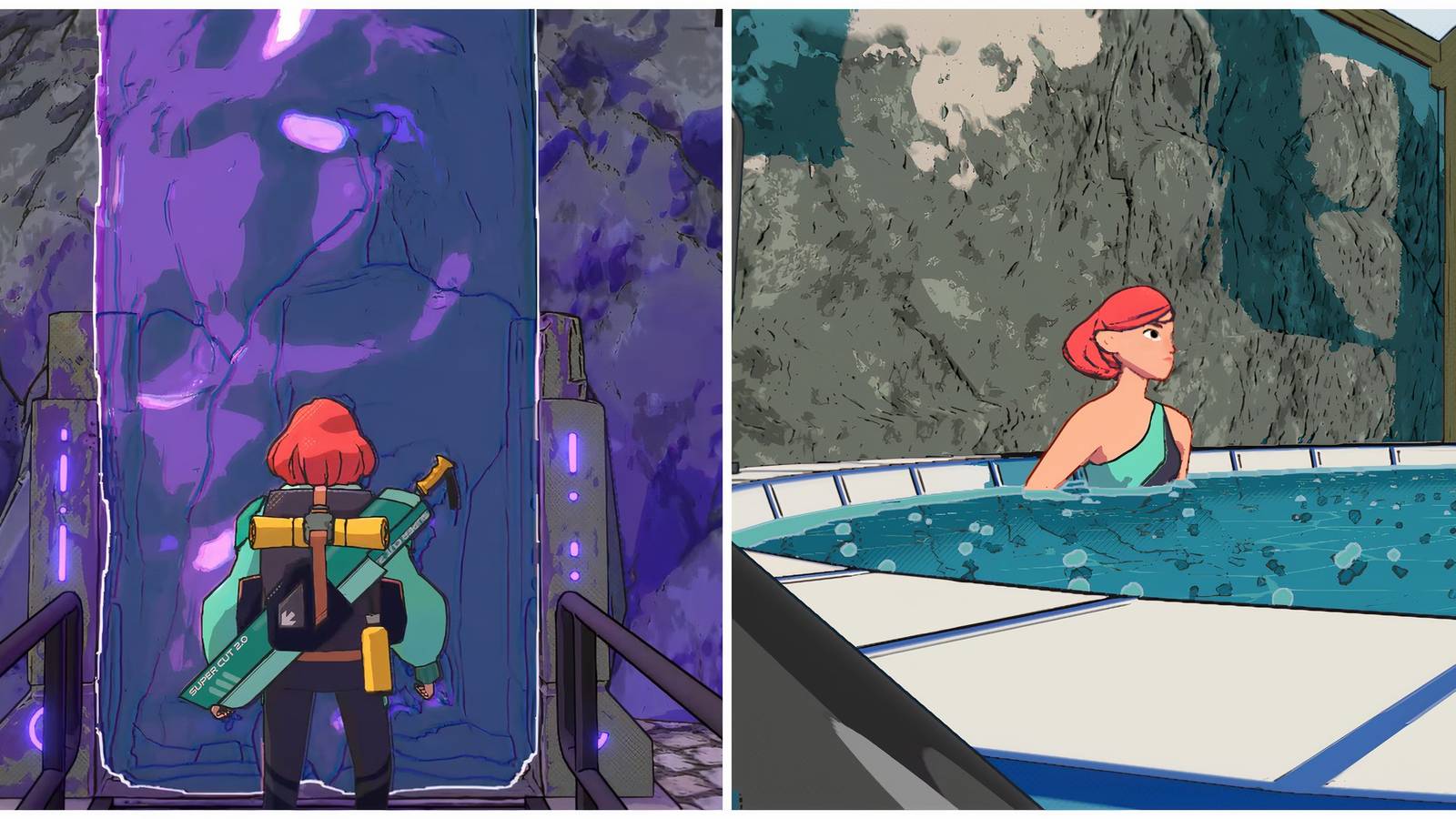 Split image of an entrance to a dungeon and the spa in Dungeons of Hinterberg