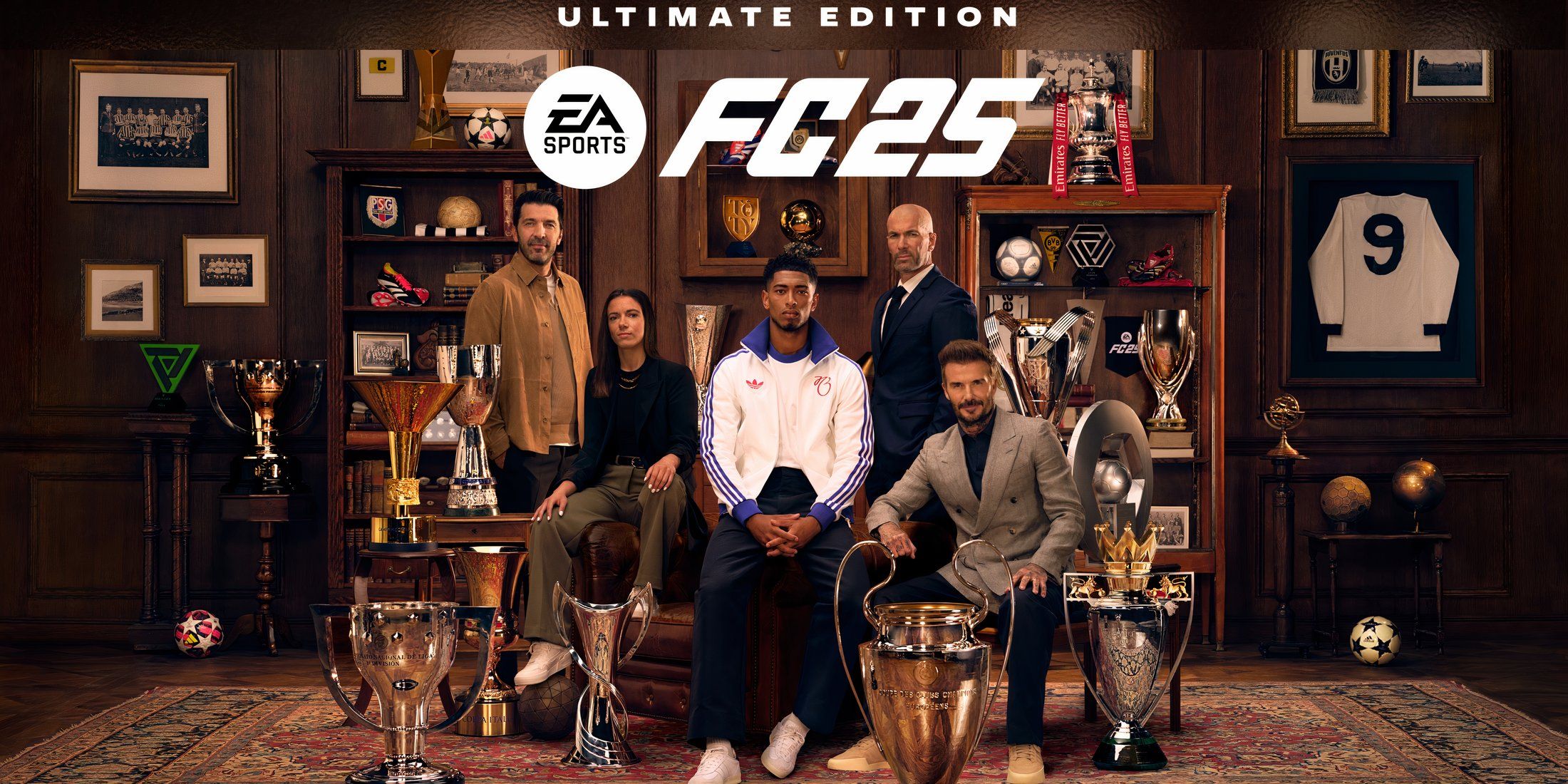 EA Sports FC 25 Ultimate Edition cover shot featuring Jude Bellingham, Aitana Bonmatí, David Beckham, Zinedine Zidane, and Gianluigi Buffon