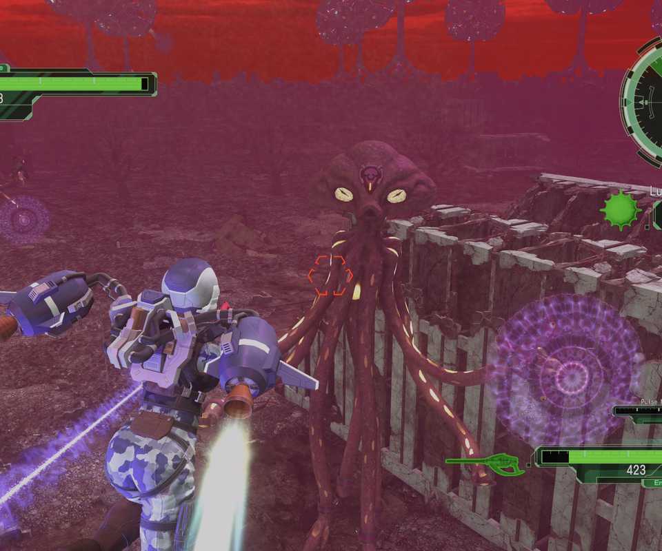A Character in EDF6 fights and alien invader while using a jetpack