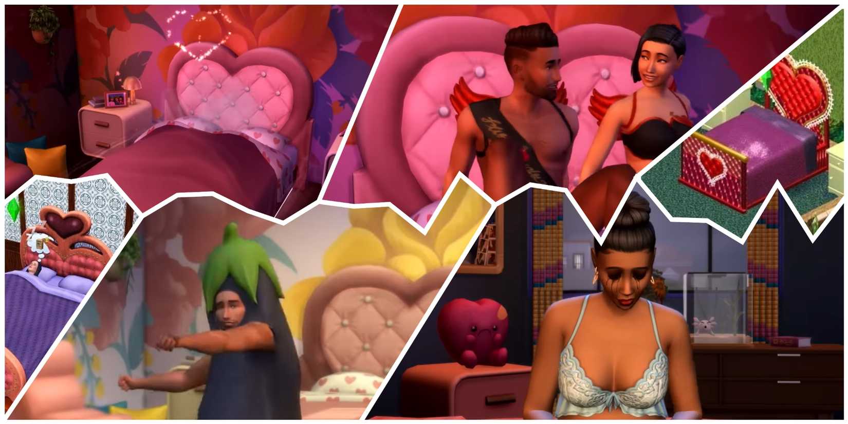 Eggplant Costume, Axolotl, Heartbreak Plushie and The Heart-Shaped Bed in The Sims 1, 3 and 4: Lovestruck
