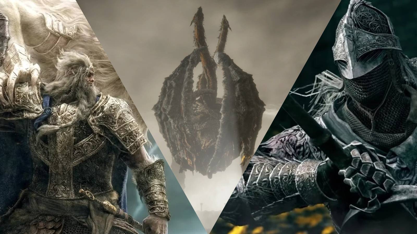 Elden Ring collage of Godfrey, Placidusax, and the Tarnished