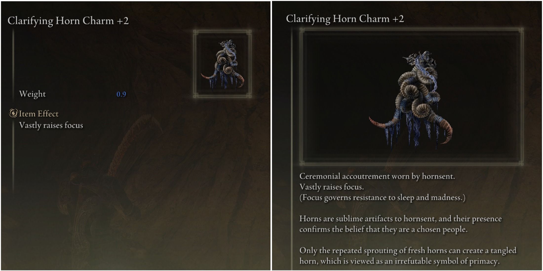 Elden Ring - Clarifying Horn Charm +2 Talisman - Stats