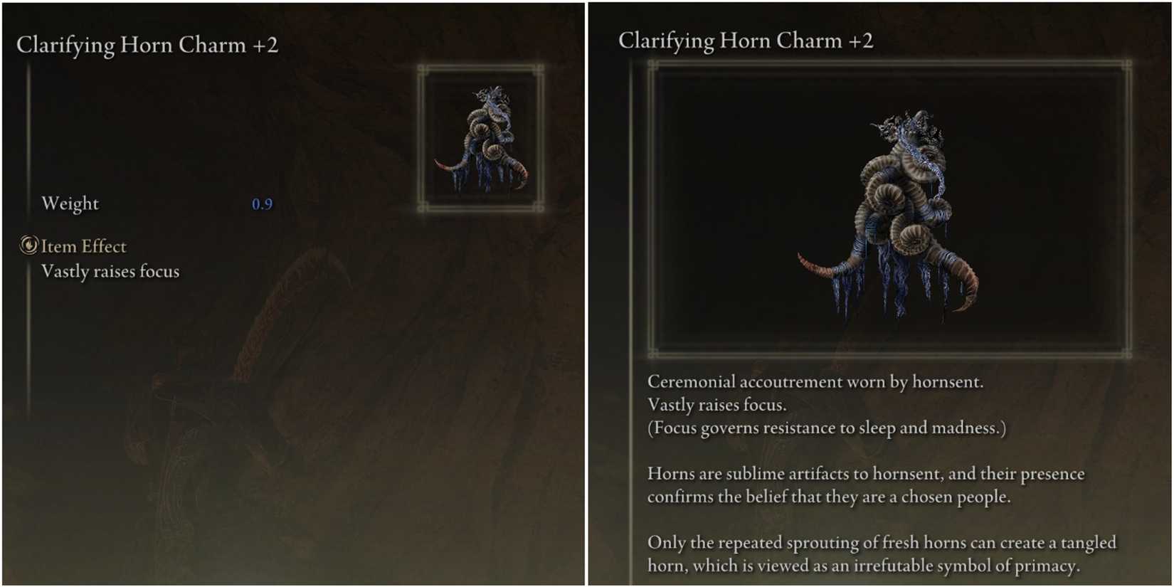 Elden Ring - Clarifying Horn Charm +2 Talisman - Stats