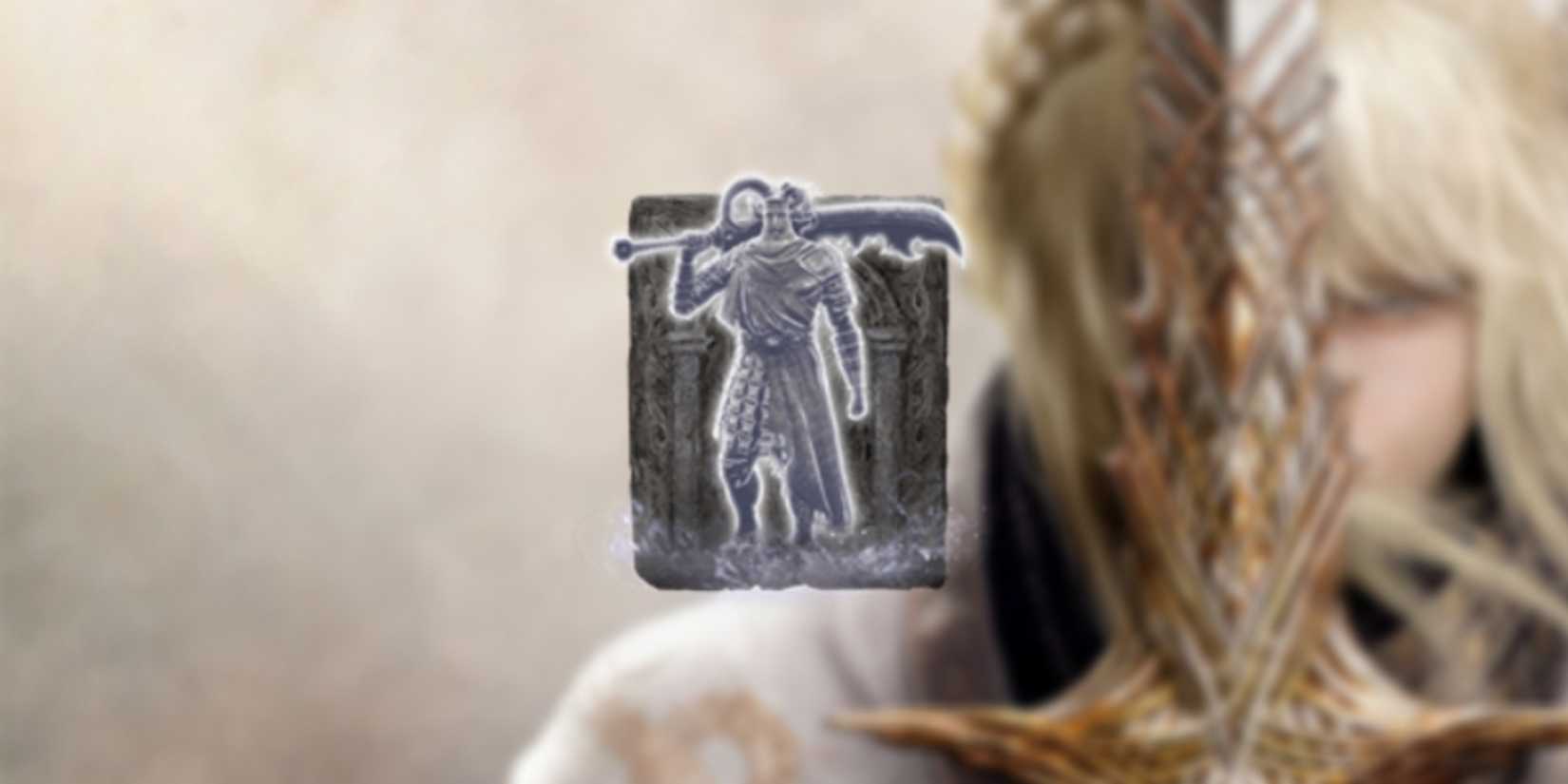 Elden Ring Horned Warrior Ashes in the foreground with a Leda background