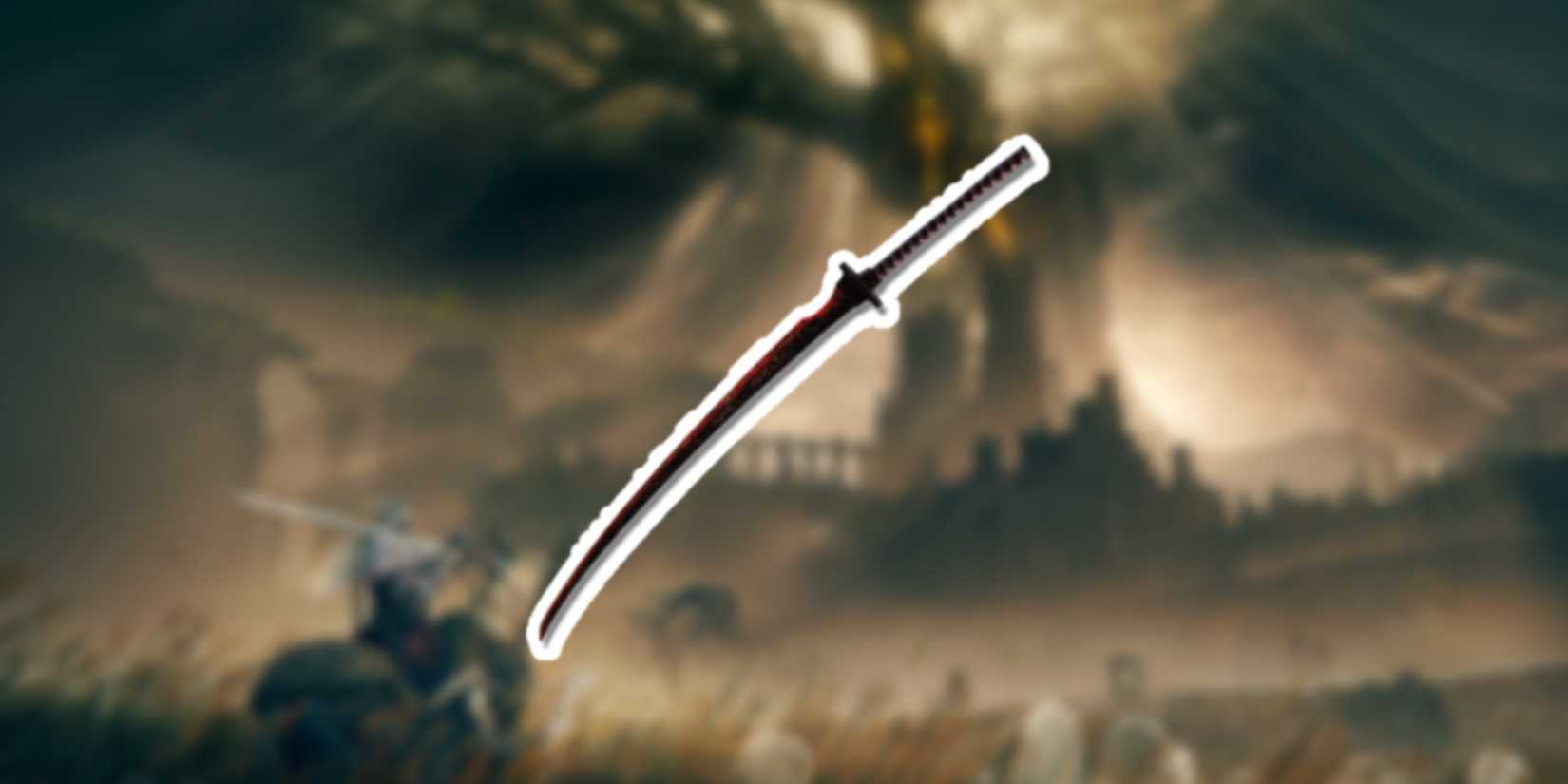 Elden Ring Rakshasa's Great Katana in the foreground with the Gravesite Plain in the background