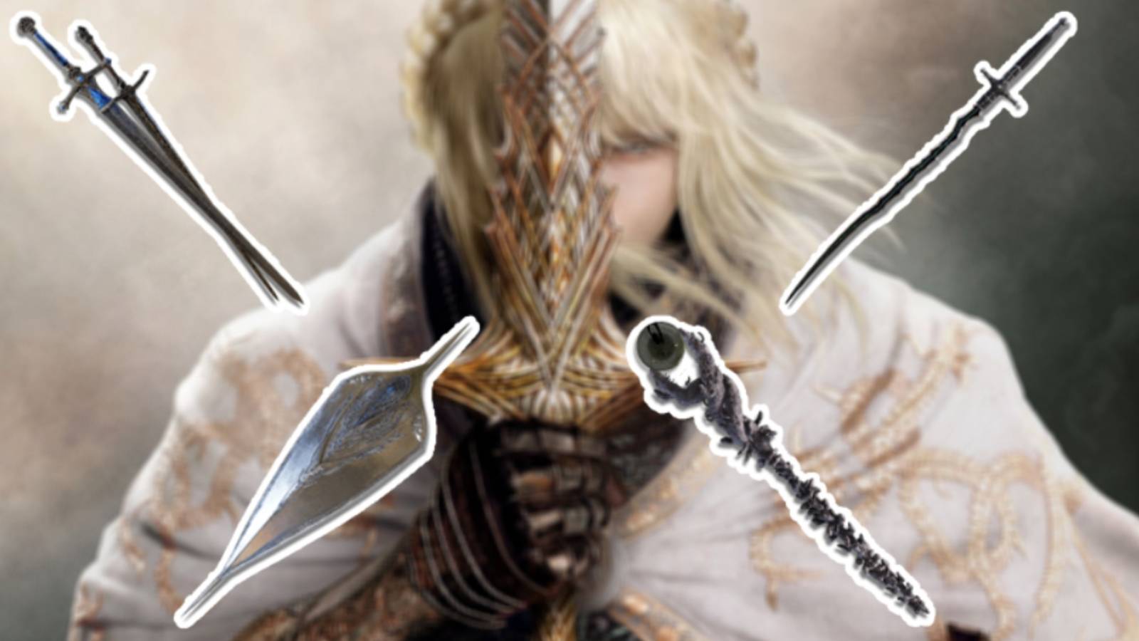 Elden Ring Shadow of the Erdtree image with Leda in the background and numerous weapons in the foreground