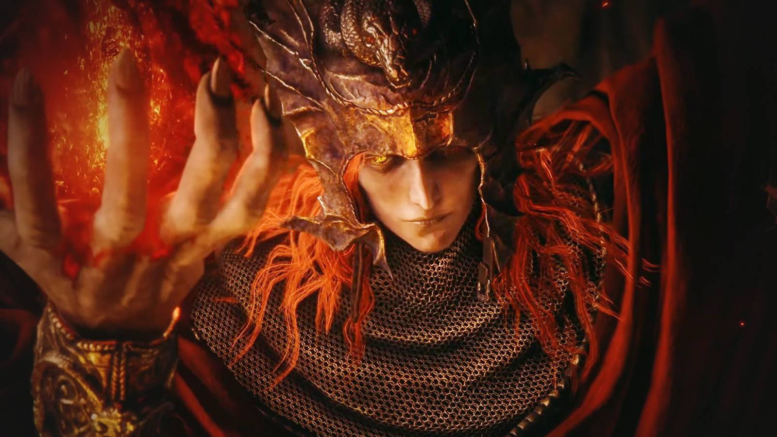 Elden Ring Shadow of the Erdtree Messmer the Impaler curscene close-up right hand on fire