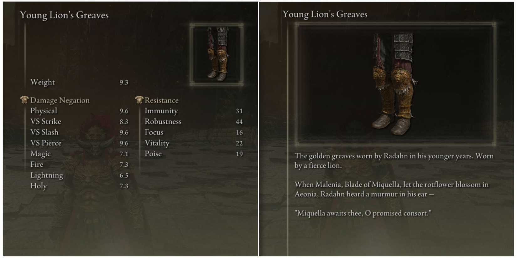 elden ring young lion's greaves stats