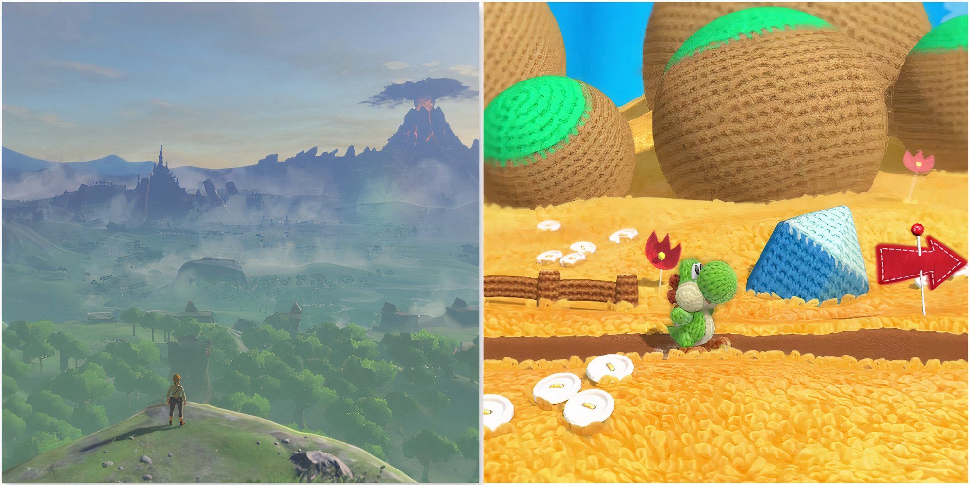 Exploring the world in The Legend Of Zelda Breath Of The Wild and playing a level in Yoshi's Woolly World