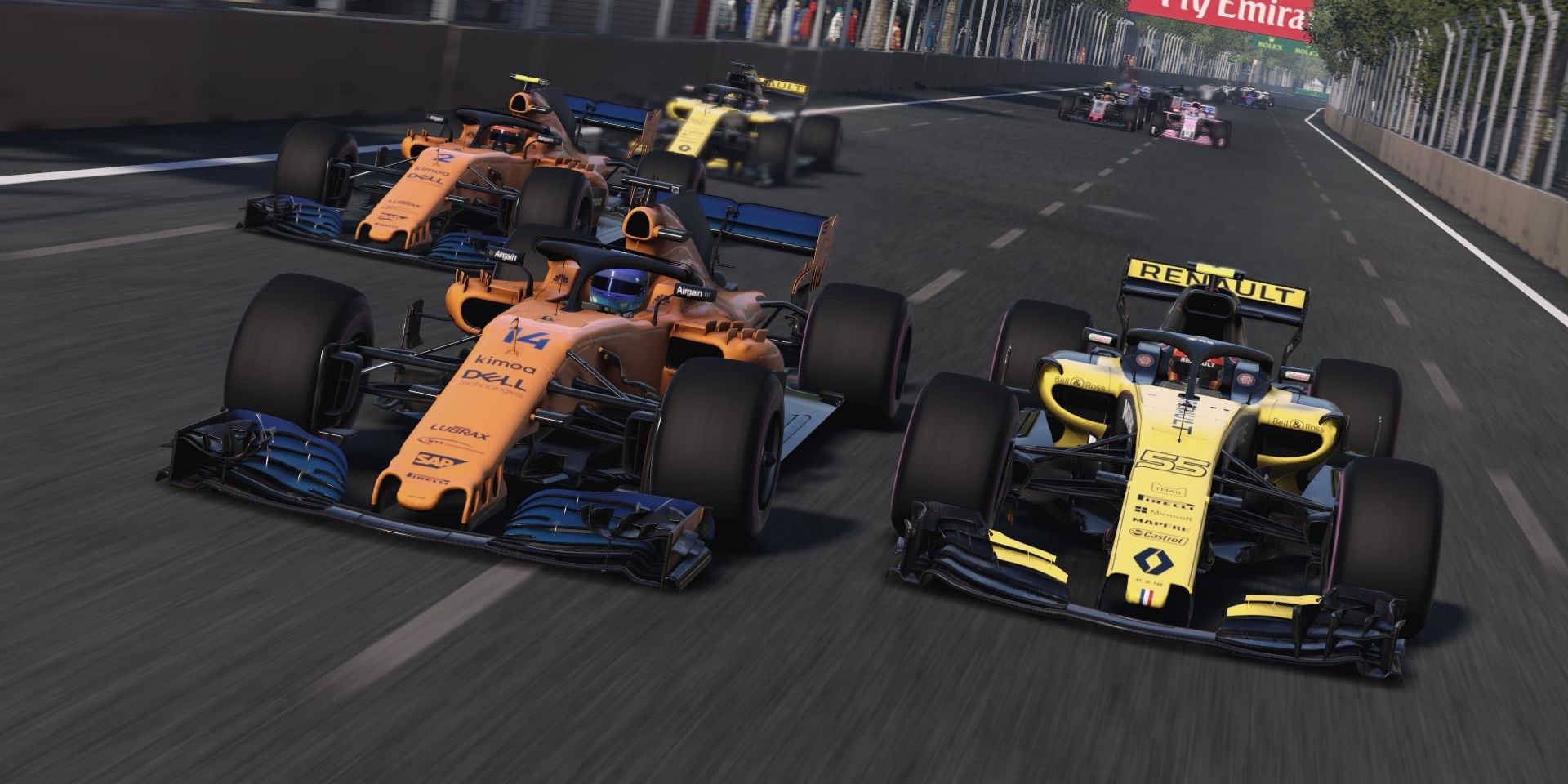 F1 2018 taking off past starting line on racetrack