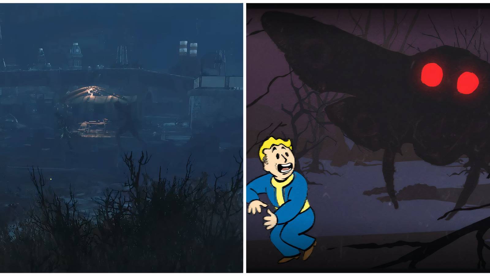 Split image of a scorched enemy in the Dweller Must Die world and the main page for Dweller Must Die in Fallout 76