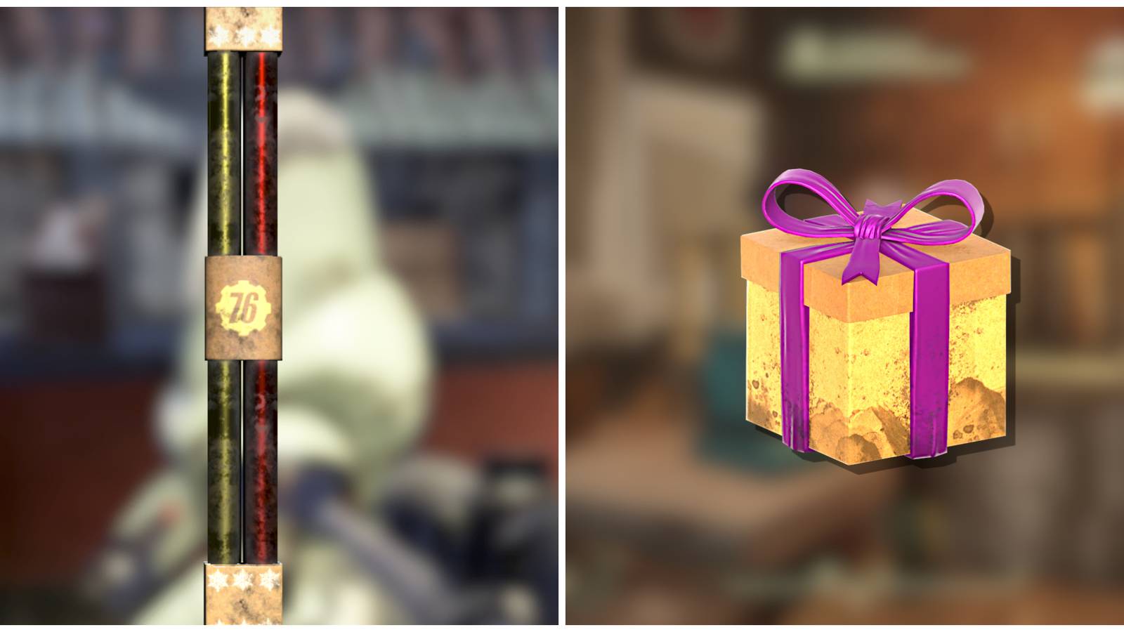Split image of some Gift Wrap and a Small Holiday Gift in Fallout 76