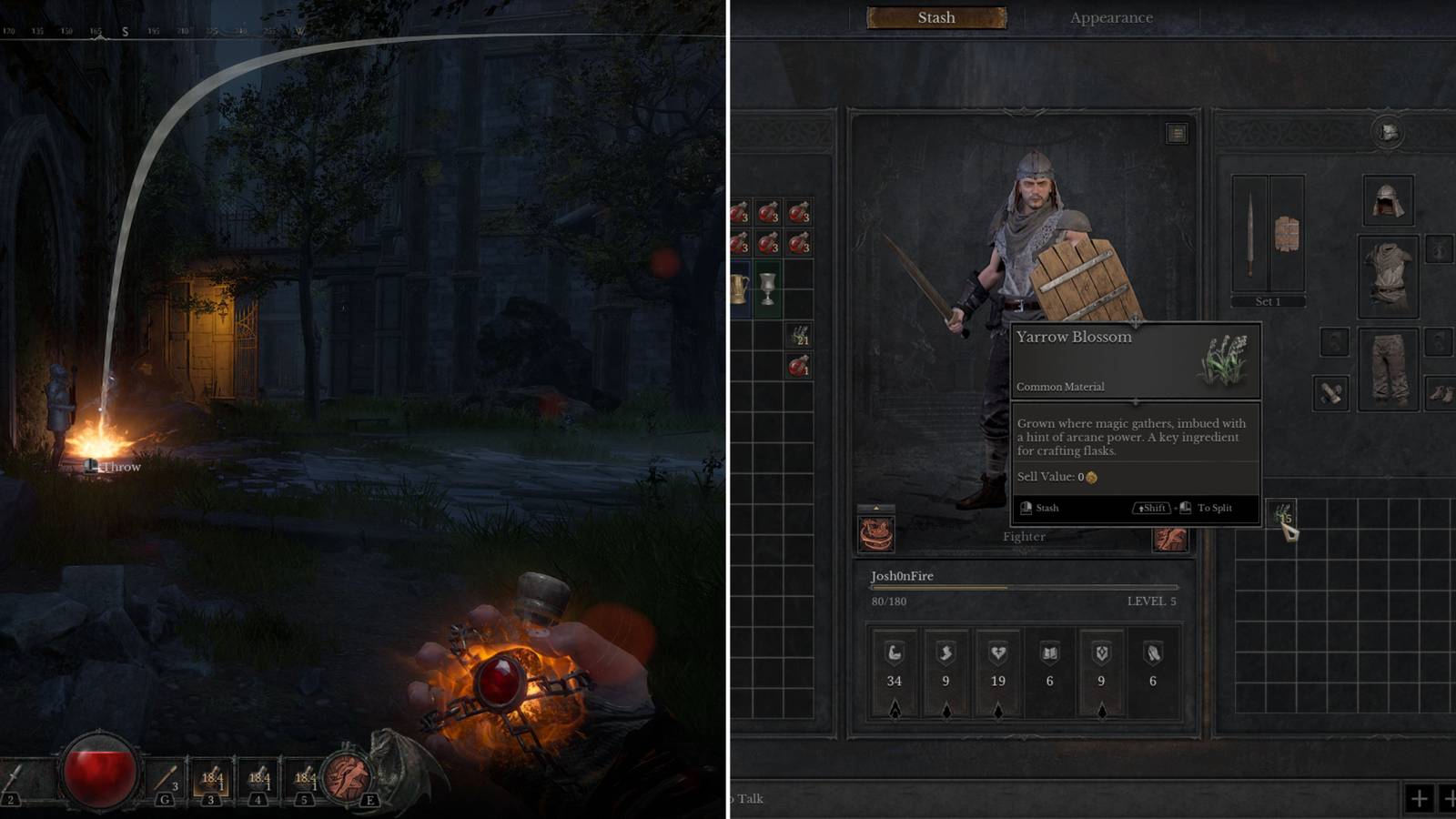 The Player Throwing A Fire Flask & Yarrow Blossoms In The Inventory 
