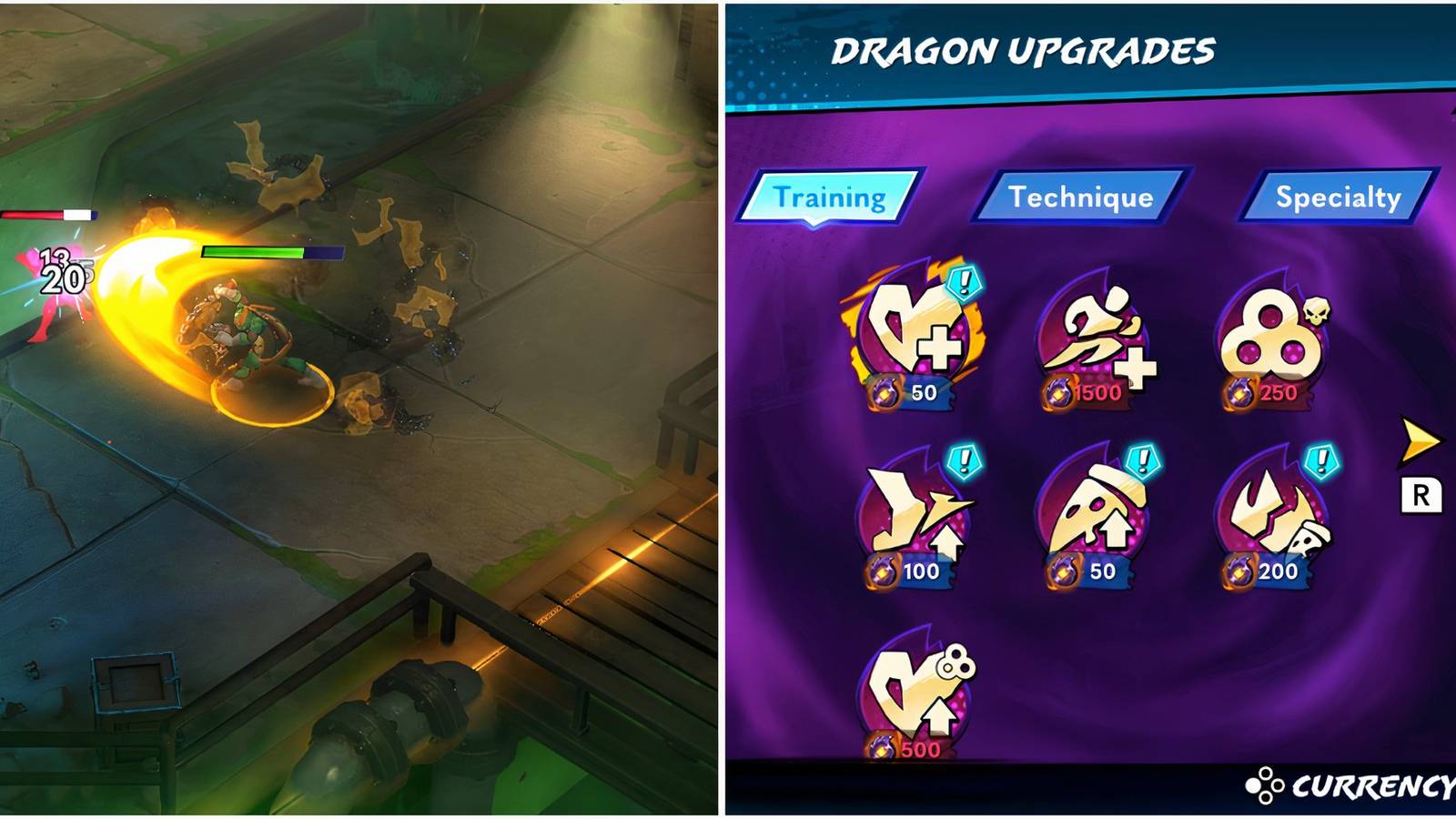 Fighting enemies and Health Dragon Upgrade in Teenage Mutant Ninja Turtles Splintered Fate