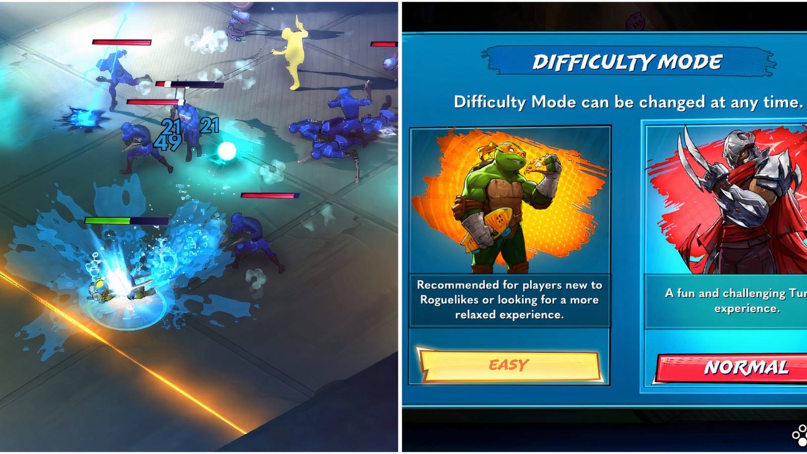 Fighting enemies and the difficulty menu in Teenage Mutant Ninja Turtles Splintered Fate