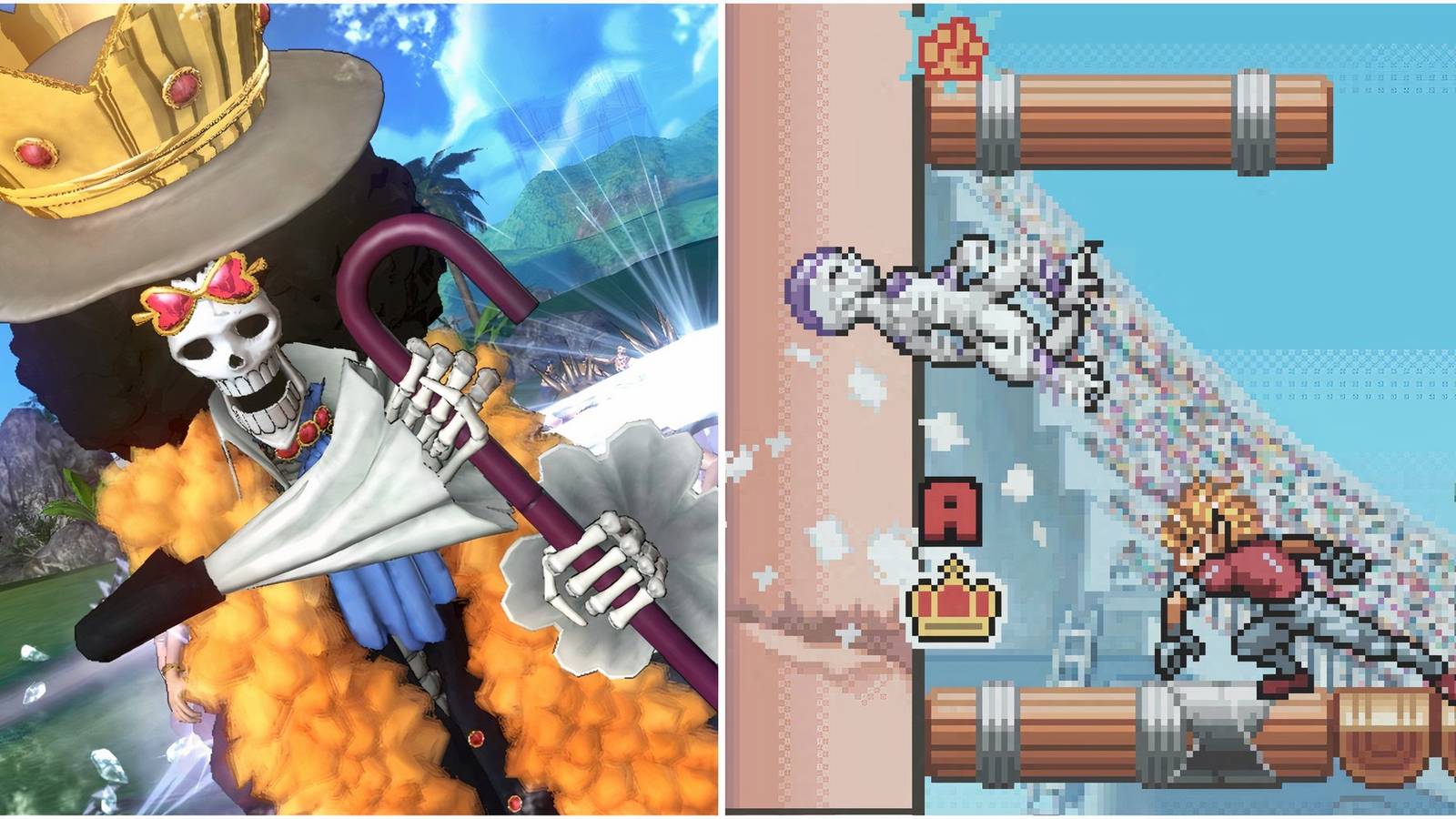 Fighting enemies in One Piece Pirate Warriors 2 and Playing a match in Jump Ultimate Stars