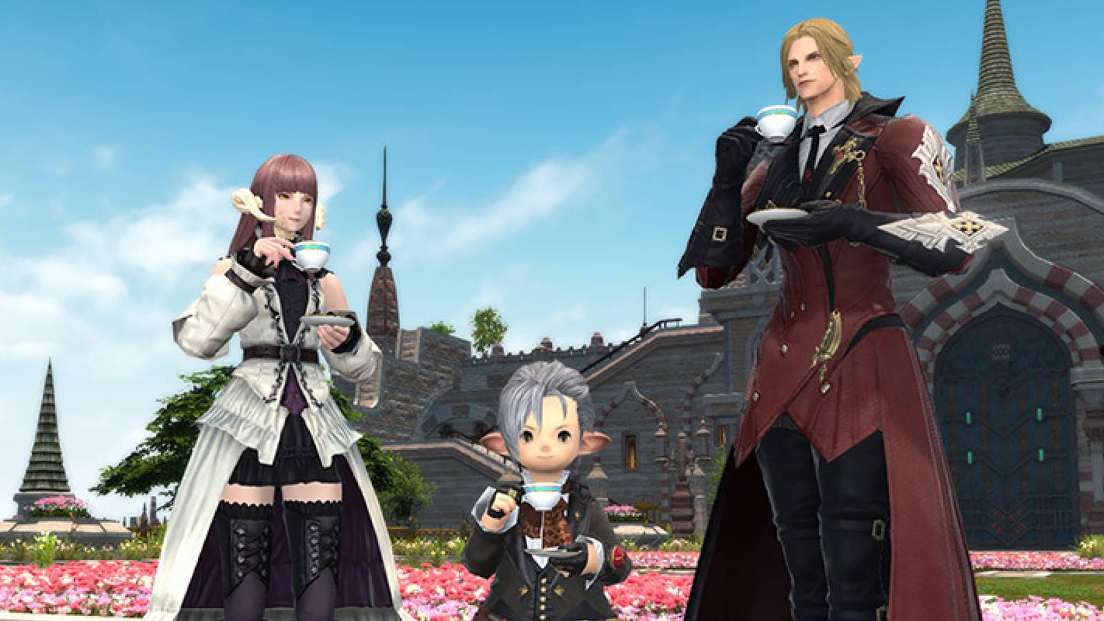 an au ra lalafel and elezen drinking tea in ffxiv