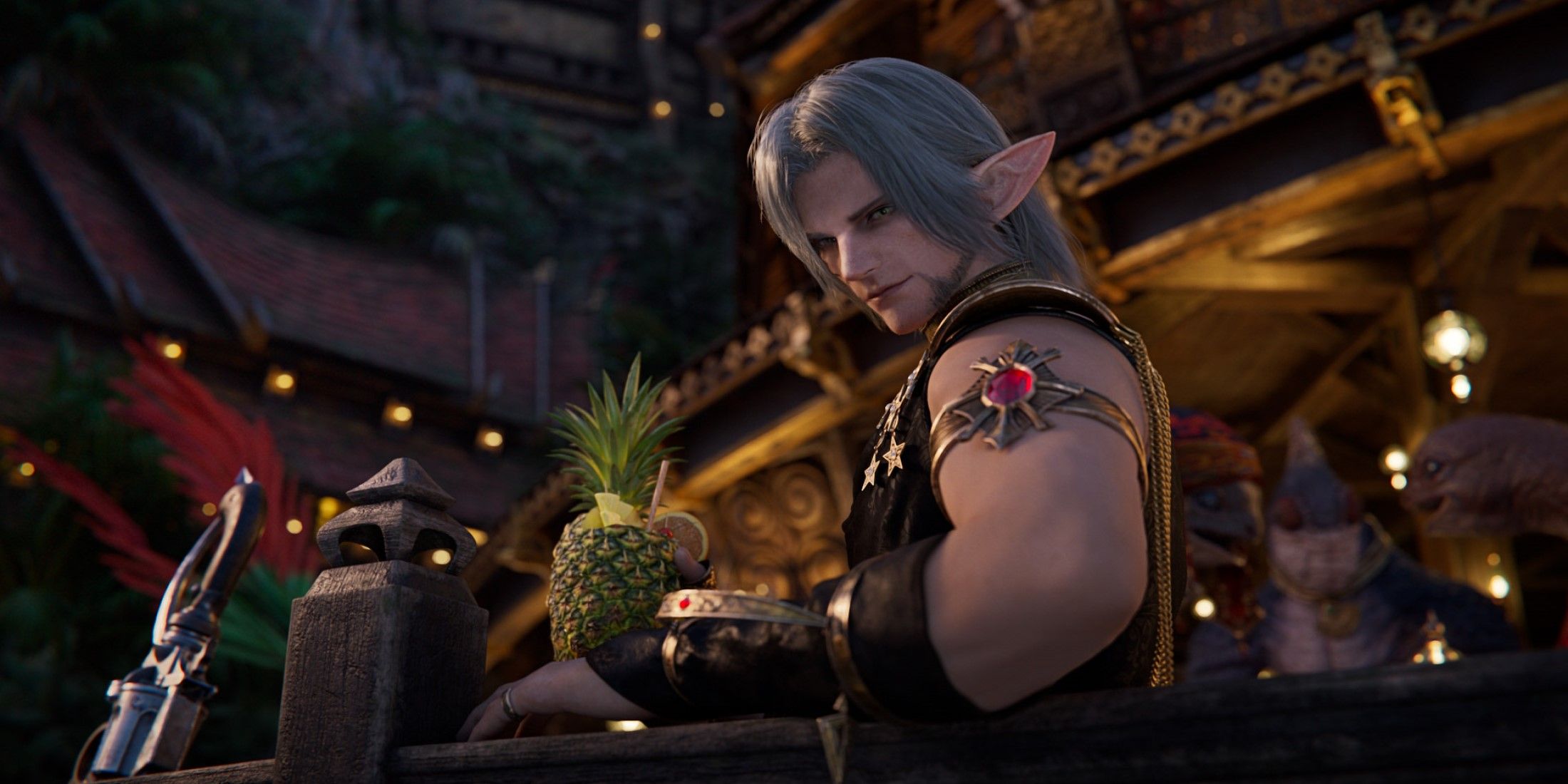 The character Urianger Augurelt enjoying a pineapple drink, from the trailer of Final Fantasy 14: Dawntrail