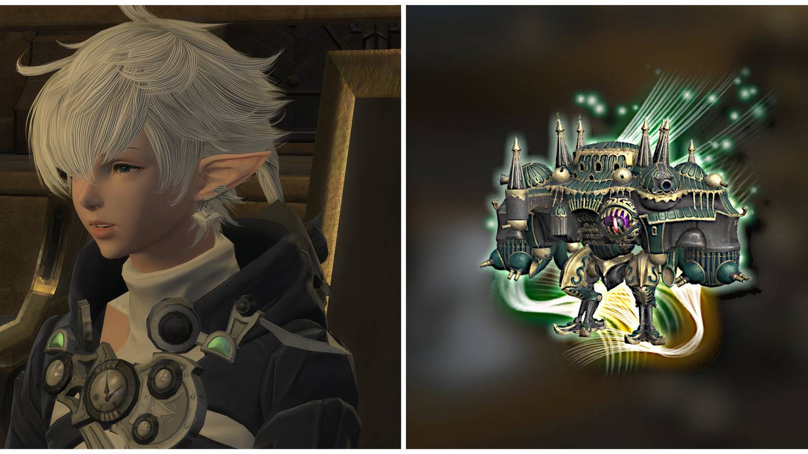 Split image of Alphinaud and the Oppressor Mount in Final Fantasy 14
