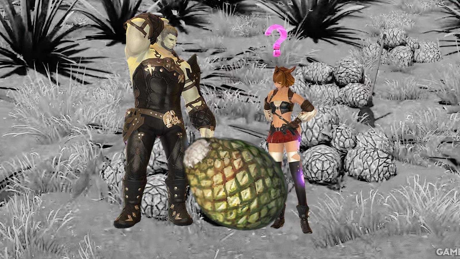 Two Final Fantasy 14 characters looking at a megamaguey pineapple in confusion