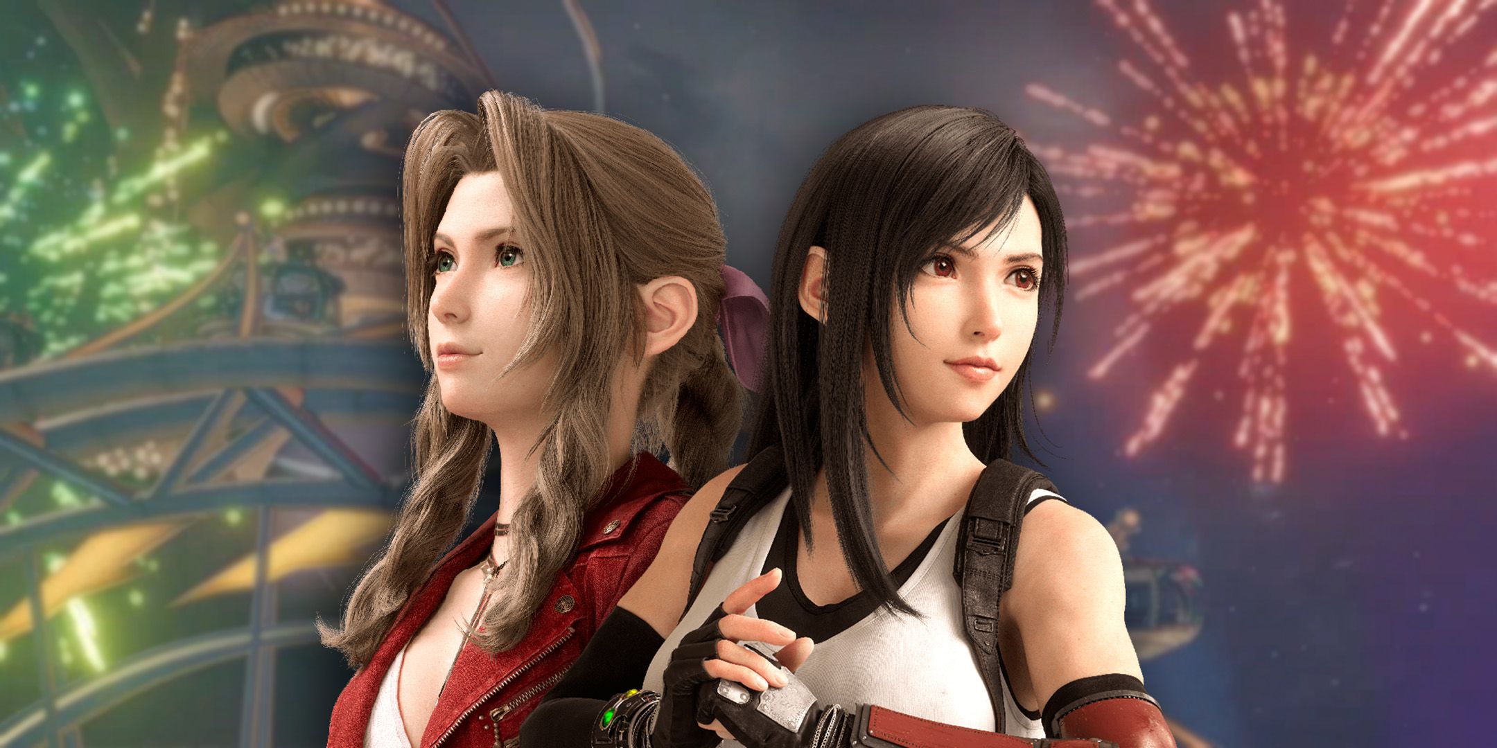 Tifa and Aerith standing in front of Gold Saucer with fireworks in the sky