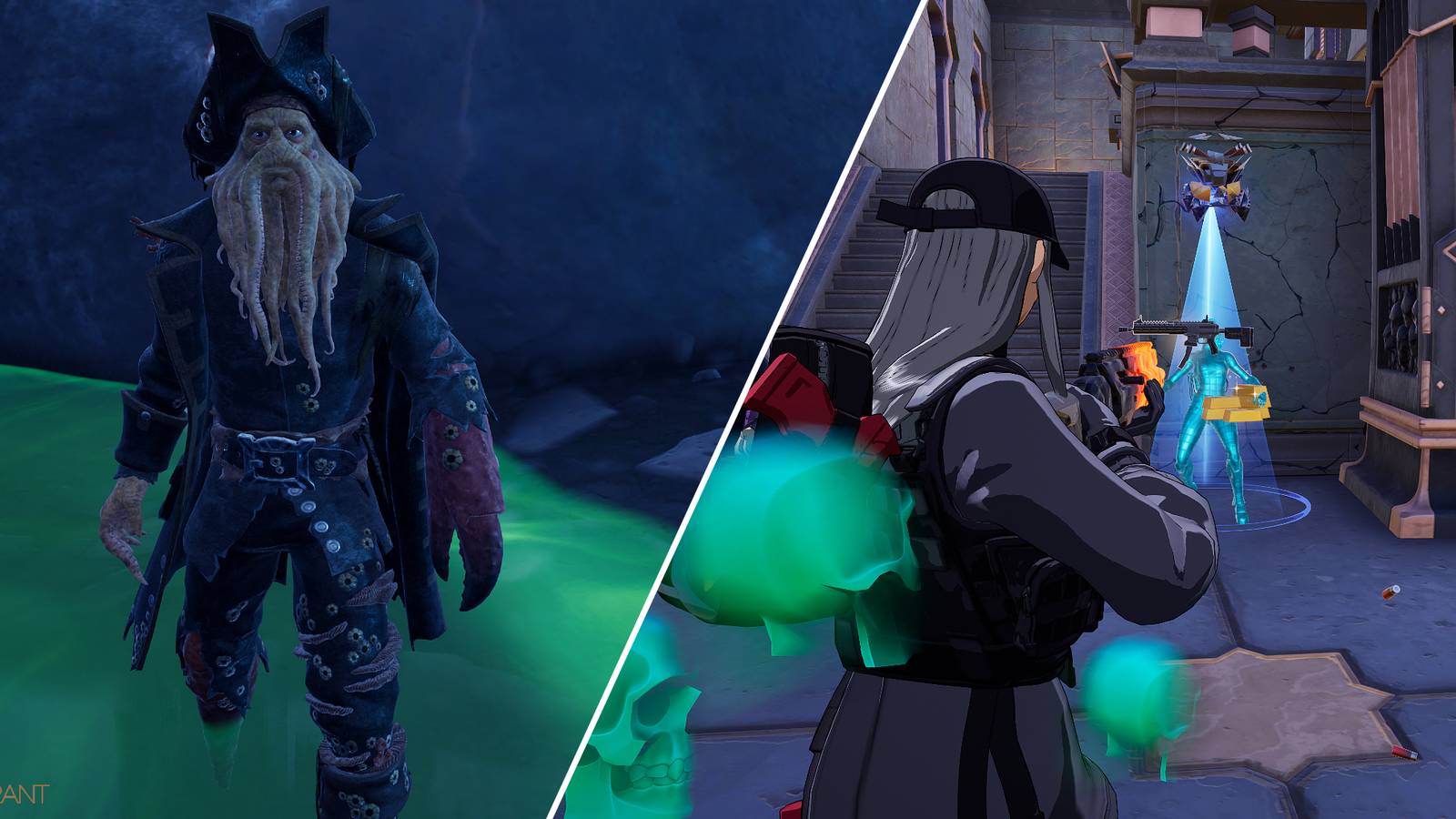 Split-image showcasing Davy Jones and a player getting an elimination in Fortnite