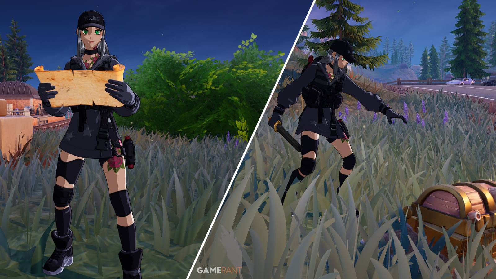 Split-image showcasing the use of the Buried Treasure item in Fortnite