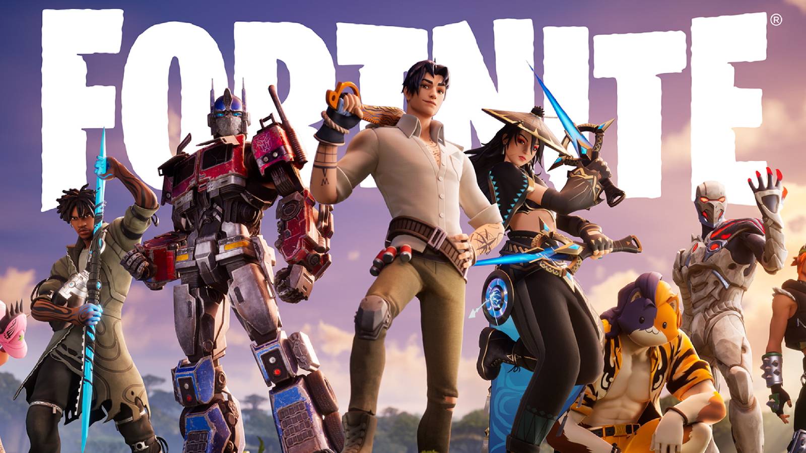 A key visual from Fortnite showing off several of the game's characters and skins.