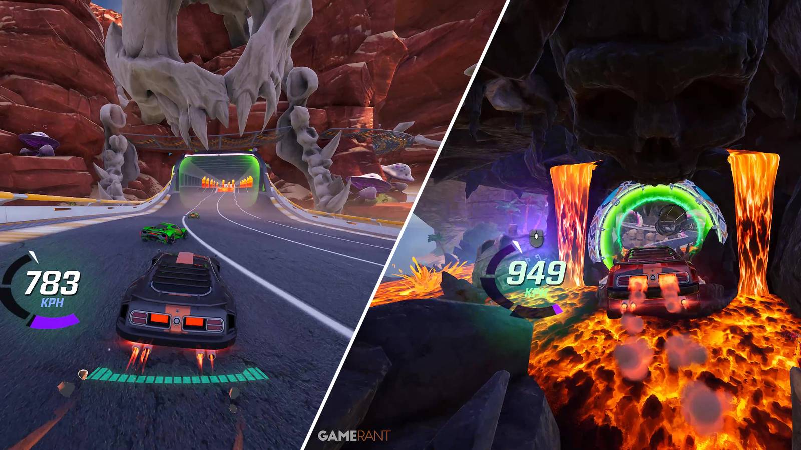 Split-image showcasing gameplay from the Fortnite Rocket Racing Inferno Island update
