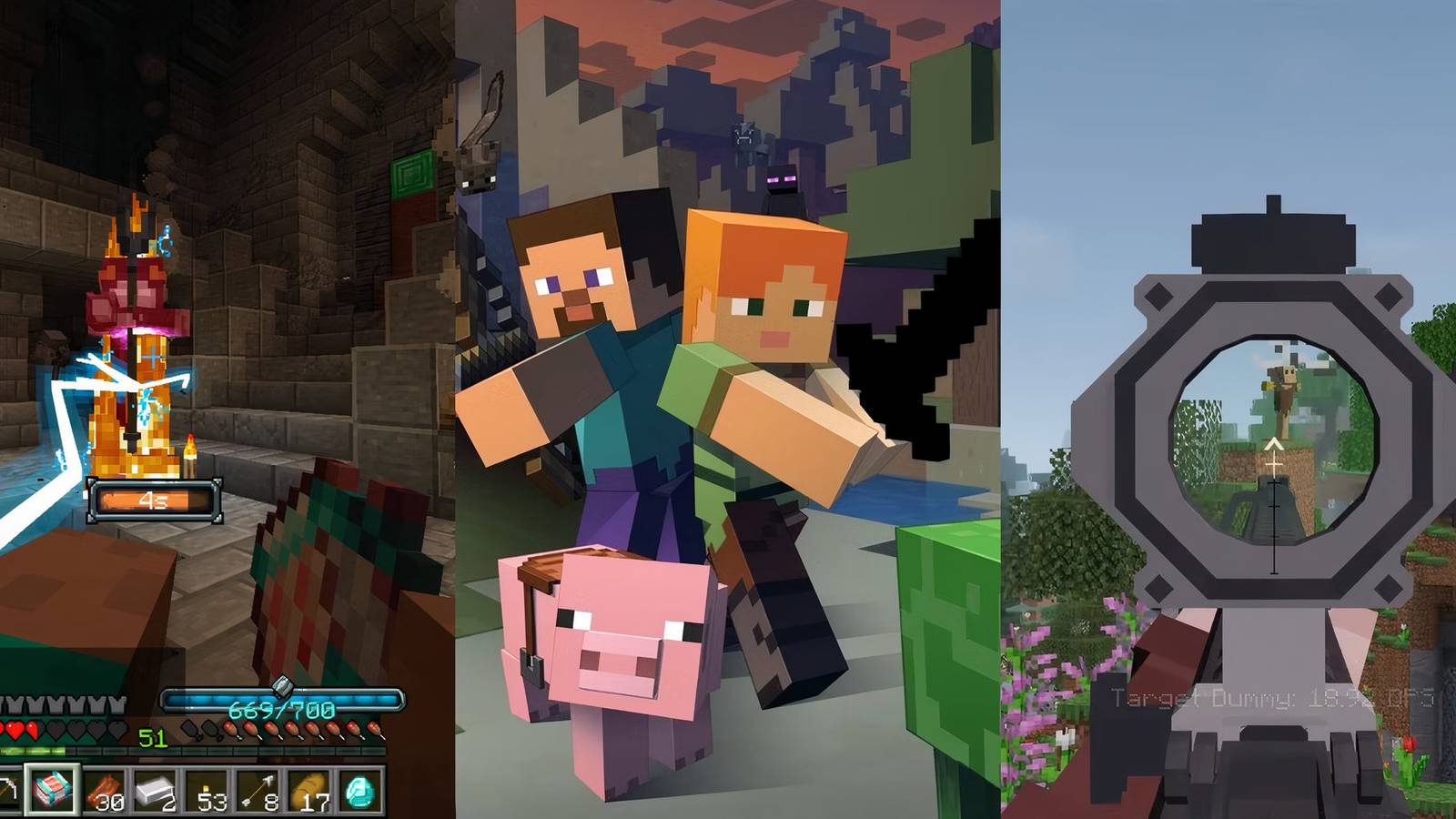 Spell on left, sword in center and sniper on right in Minecraft