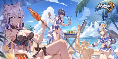 Kiana, bronya and mei resting at a beach