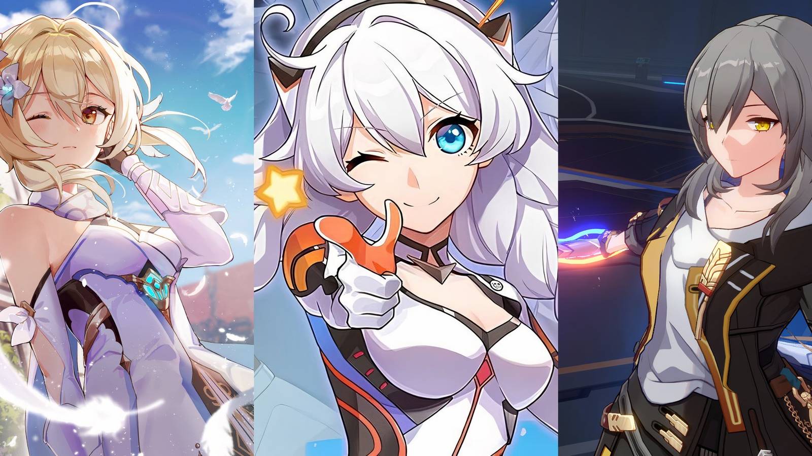 Lumine from Genshin Impact, Kiana from Honkai Impact 3rd and Trailblazer from Honkai: Star Rail