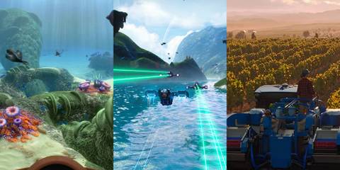 Subnautica- left, no man's sky- centre and farming simulator 22-right