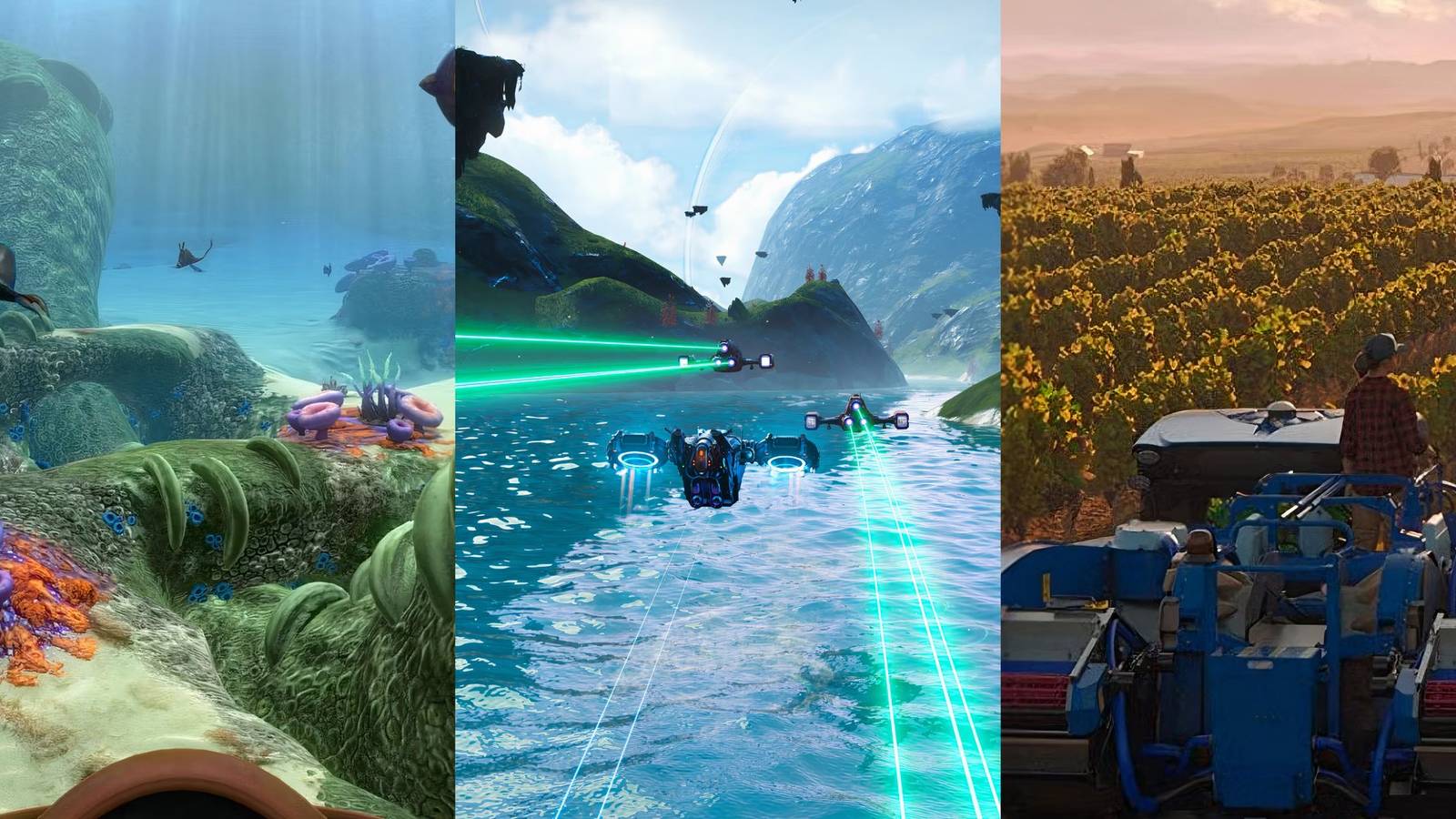Subnautica- left, no man's sky- centre and farming simulator 22-right