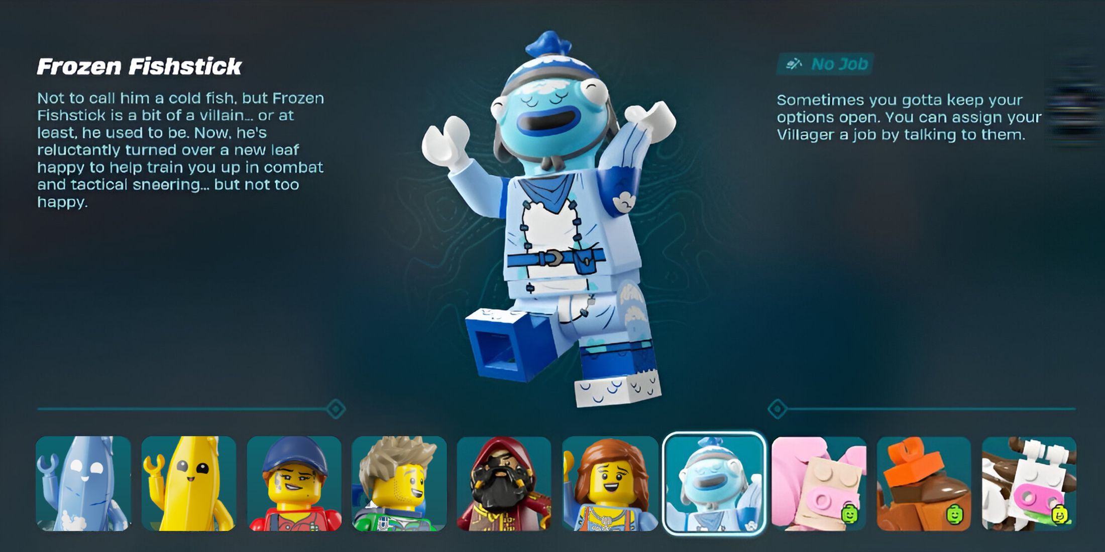 Screenshot showcasing Frozen Fishstick Resident Bio LEGO Fortnite 