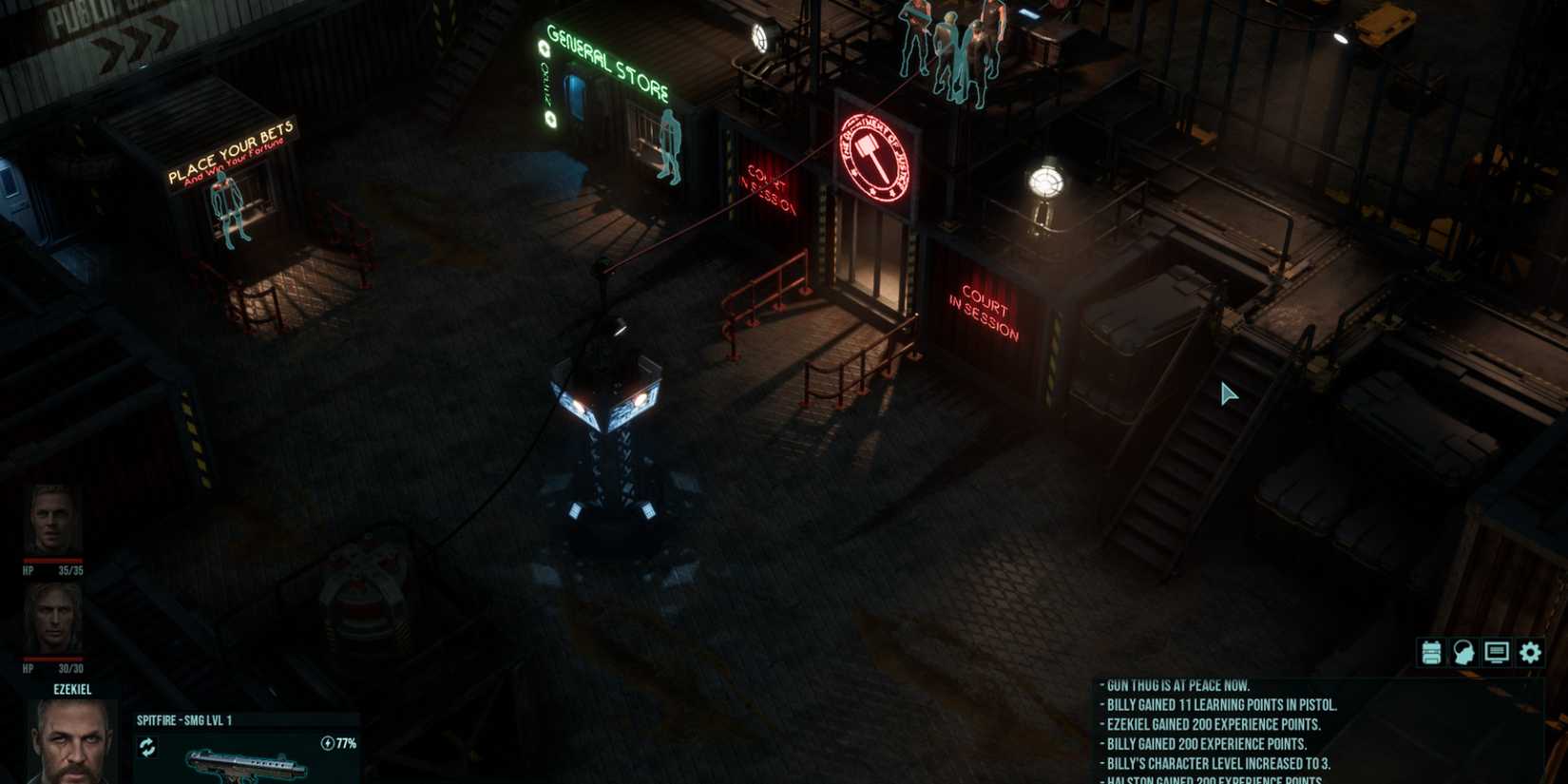 Futuristic marketplace with neon signs and characters in Colony Ship