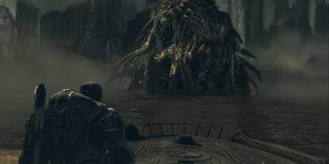 Marcus facing off against the leviathan in the mission Brackish Waters