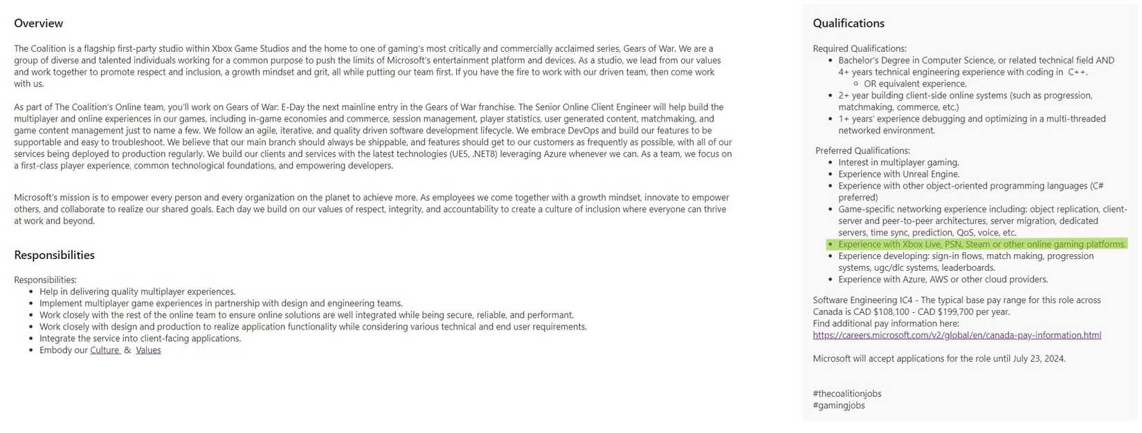 the coalition job listing for gears of war e-day mentioning psn