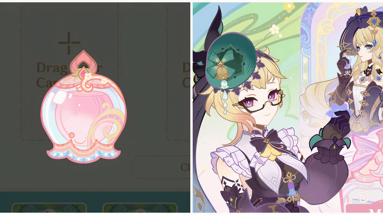Split image of a perfume and some of the characters in the event, including Navia, in Genshin Impact