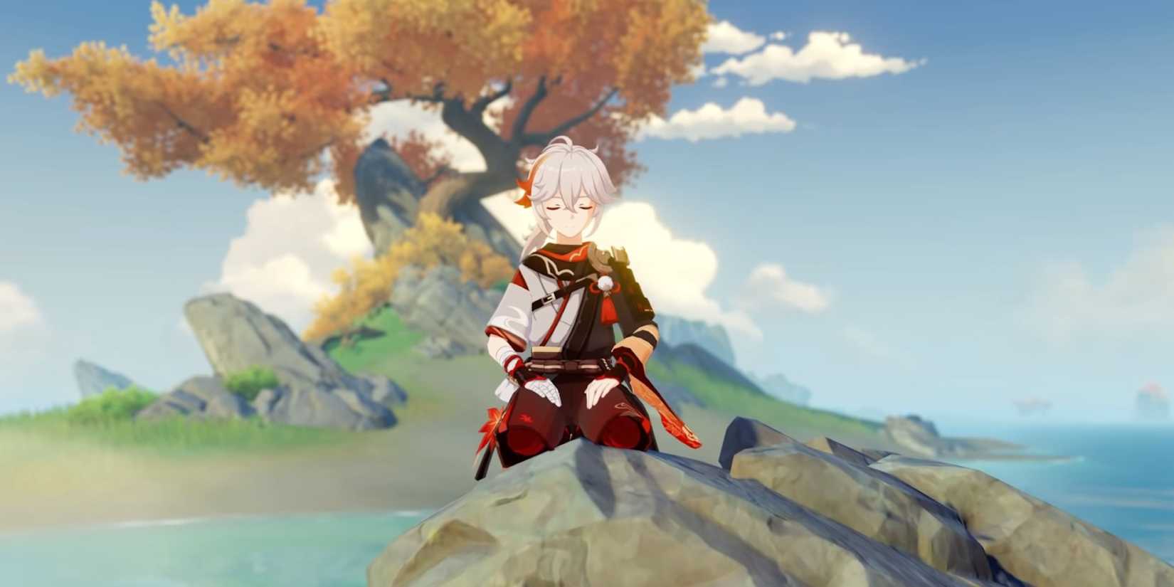 Kazuha meditating on a rock in Genshin Impact 