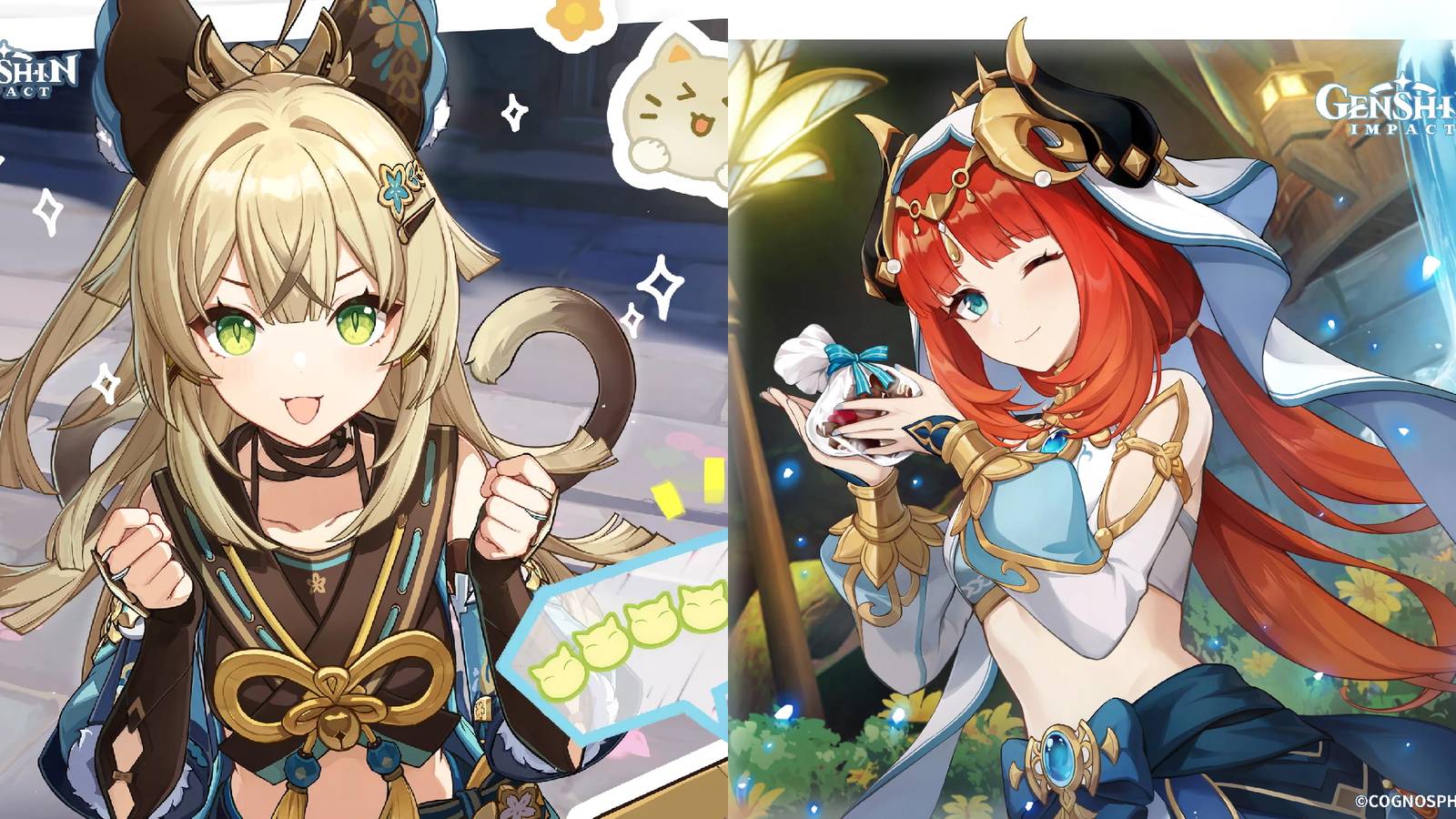 Side-by-side promotional images from Genshin Impact for Nilou and Kirara