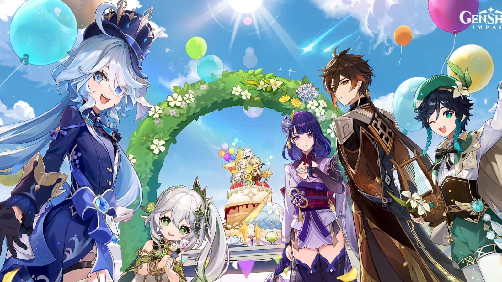 A promotional visual showing Genshin Impact's Archons featuring Furina, Nahida, Raiden Shogun, Zhongli, and Venti.