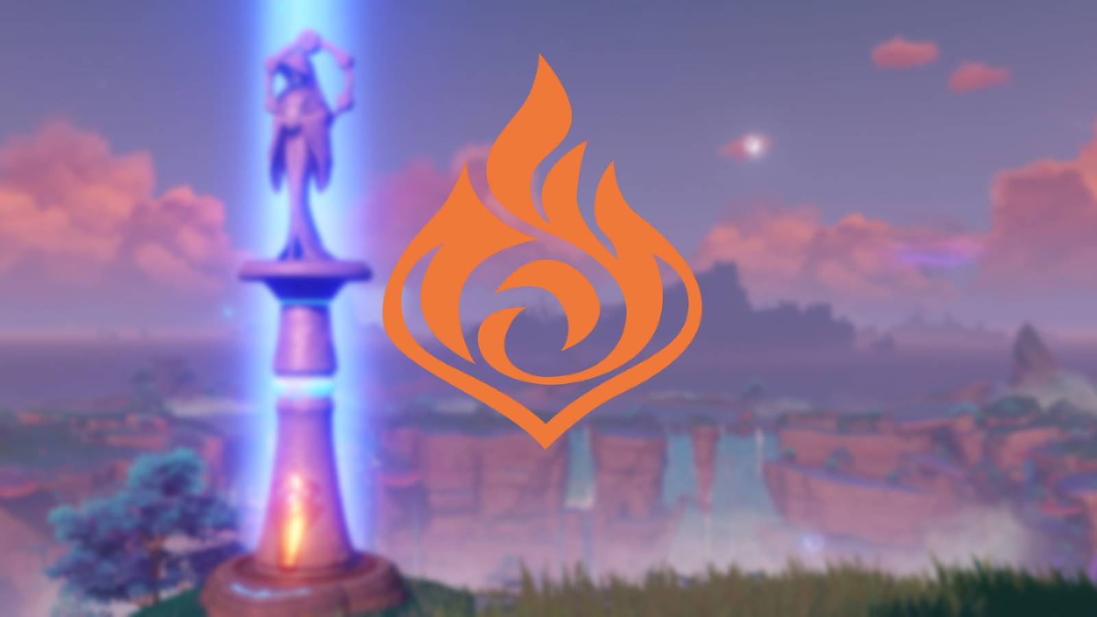 A blurred image of a Statue of the Seven from Genshin Impact, overlayed with the Pyro symbol.