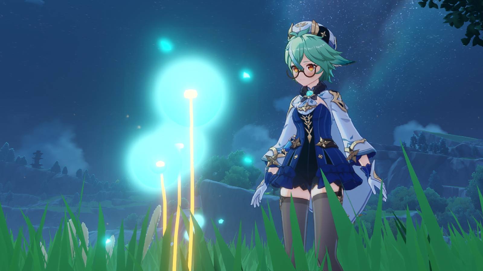 A screenshot from Genshin Impact showing Sucrose and a dandelion.