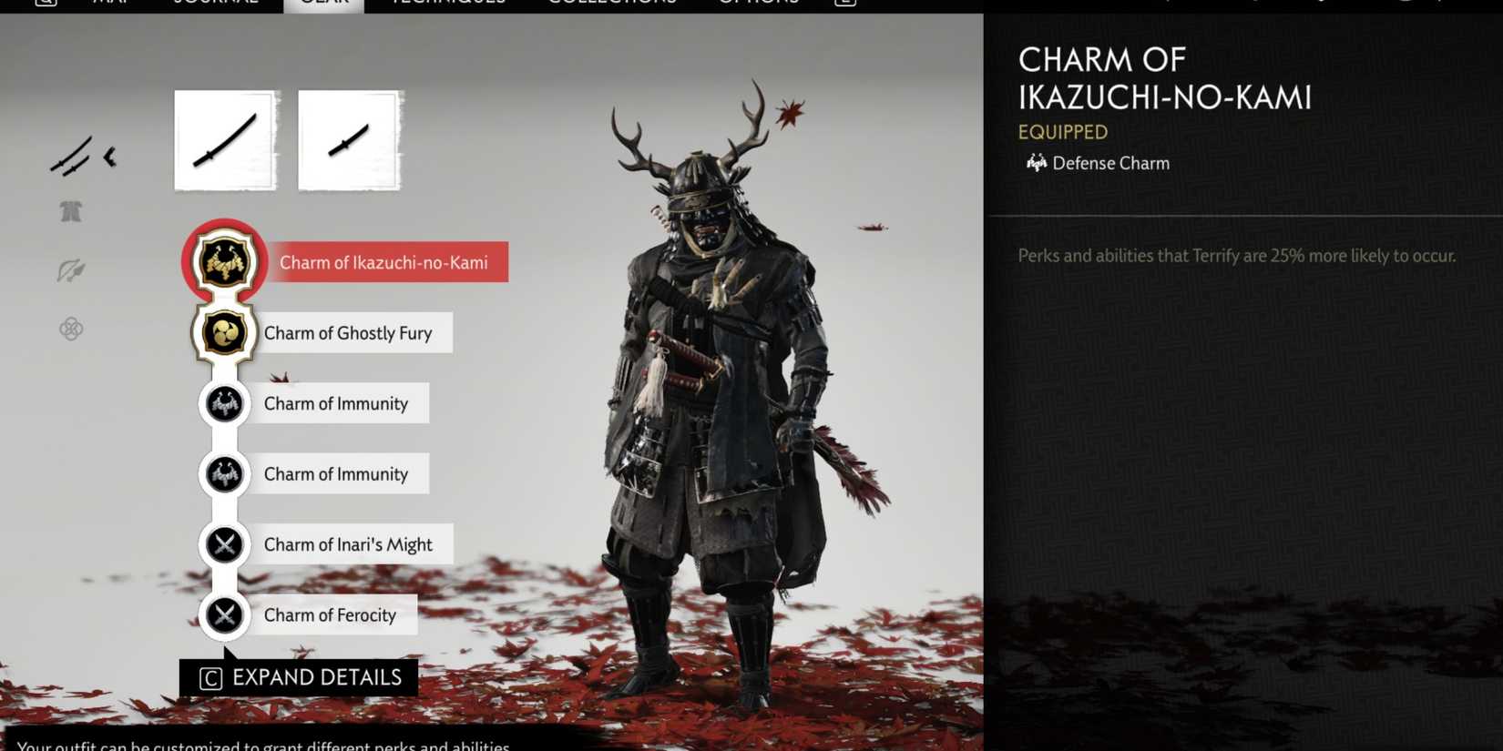 Ghost of Tsushima menu showing charms