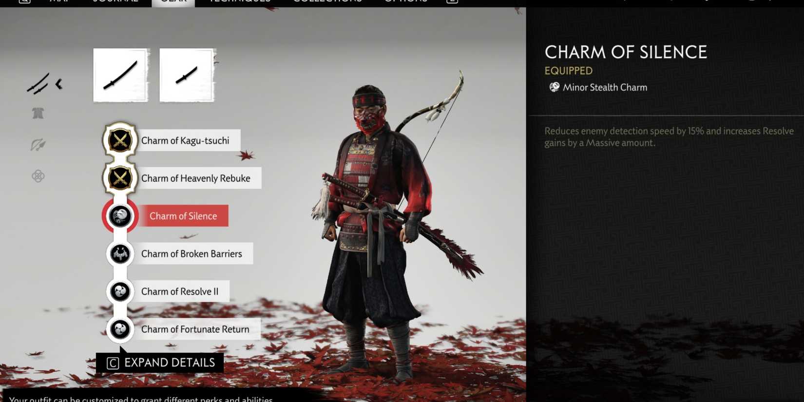 Ghost of Tsushima menu showing different charms