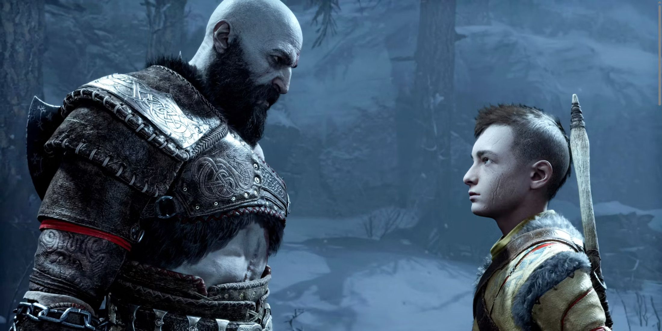 God of War Ragnarok Kratos and Atreus in a snowy forest