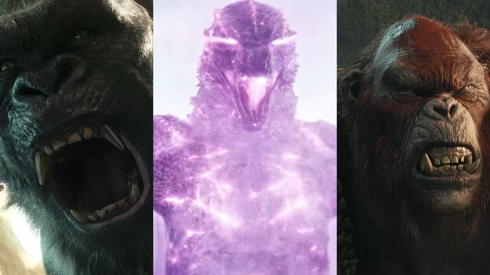 A collage of some of the most prominent kaiju that appear in Godzilla x Kong: King Kong, Evolved Godzilla and Skar King.